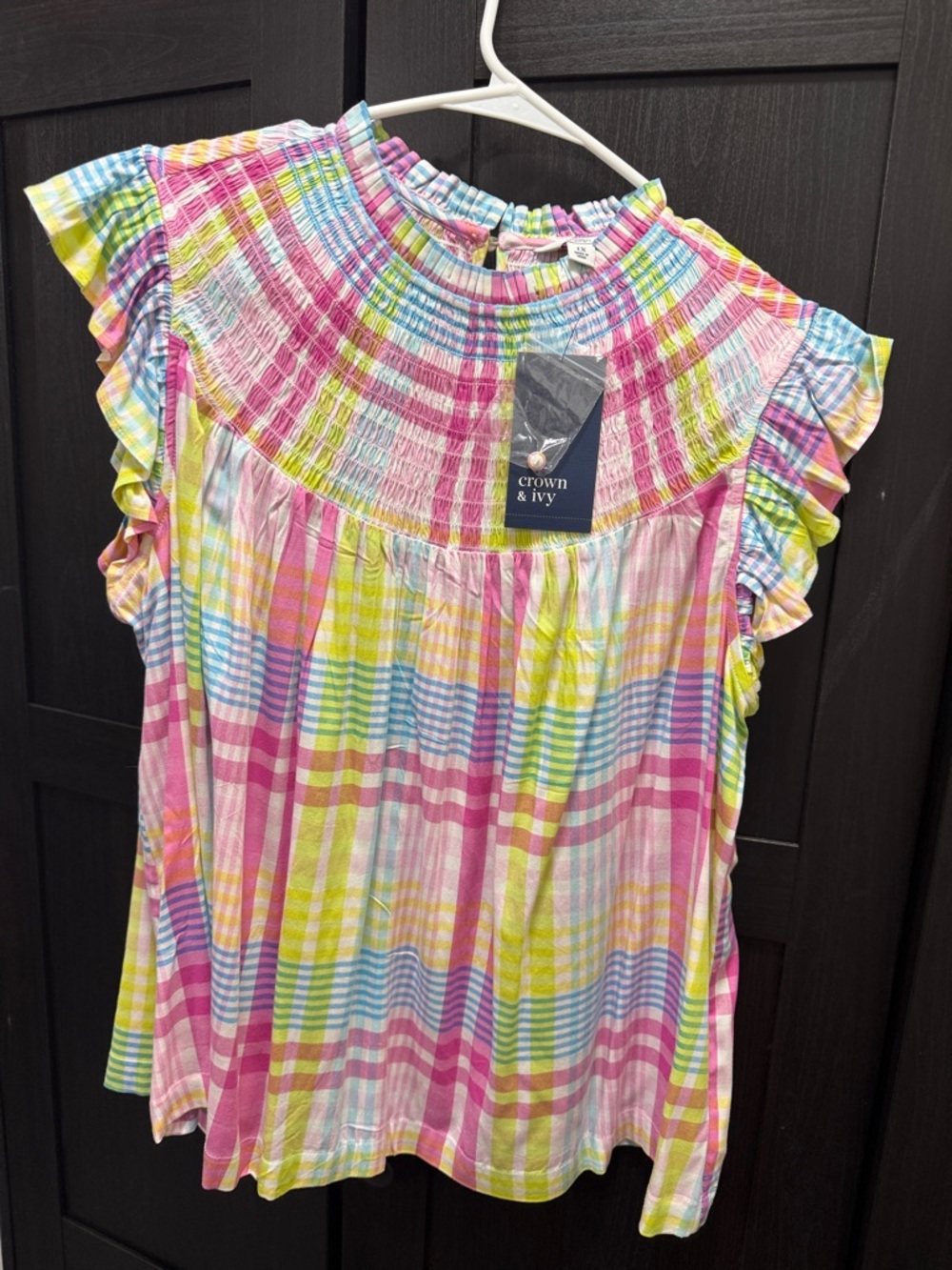 crown & ivy Pastel Plaid Ruffle Sleeve Top